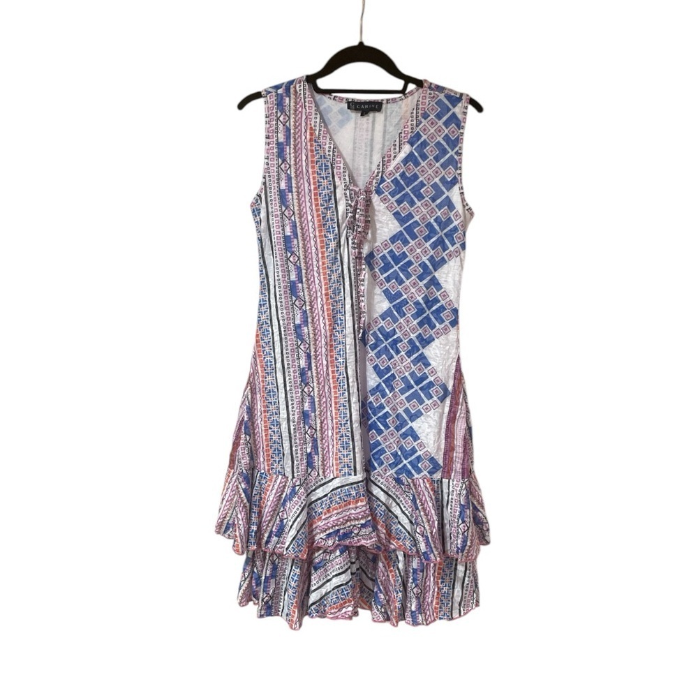 Carine Dress Size S Mini Crinkle Fabric Ruffle Sleeveless Lined White Blue